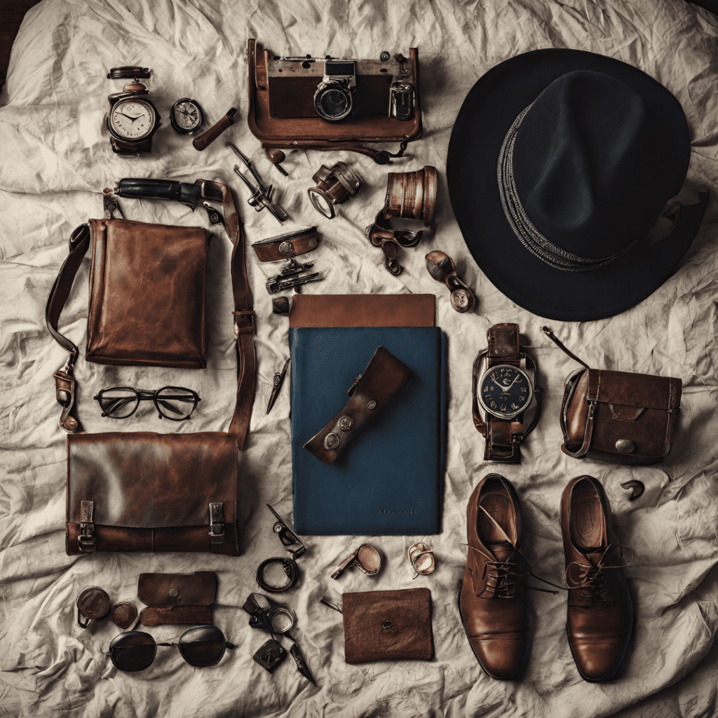 composizione con accessori vintage da uomo su un letto
