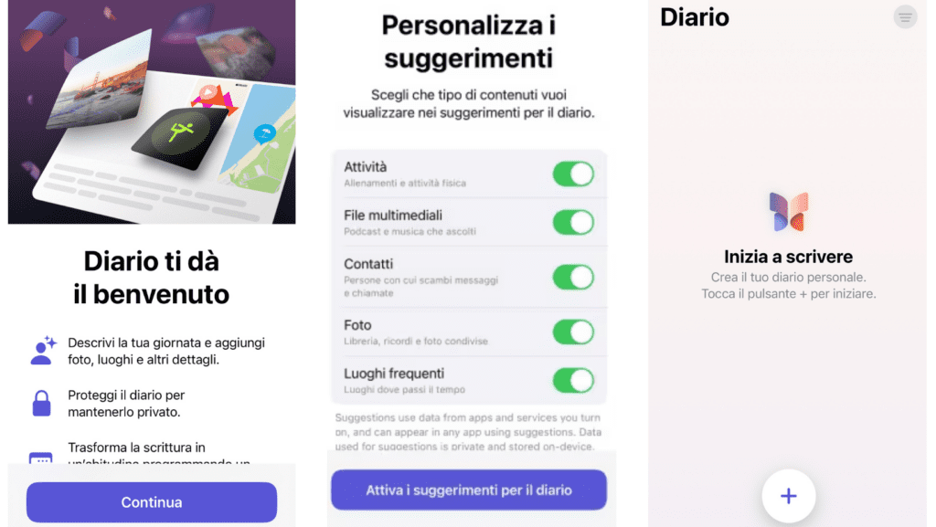 Le prime schermate dell'app Diario | Credits: MoltoUomo.it