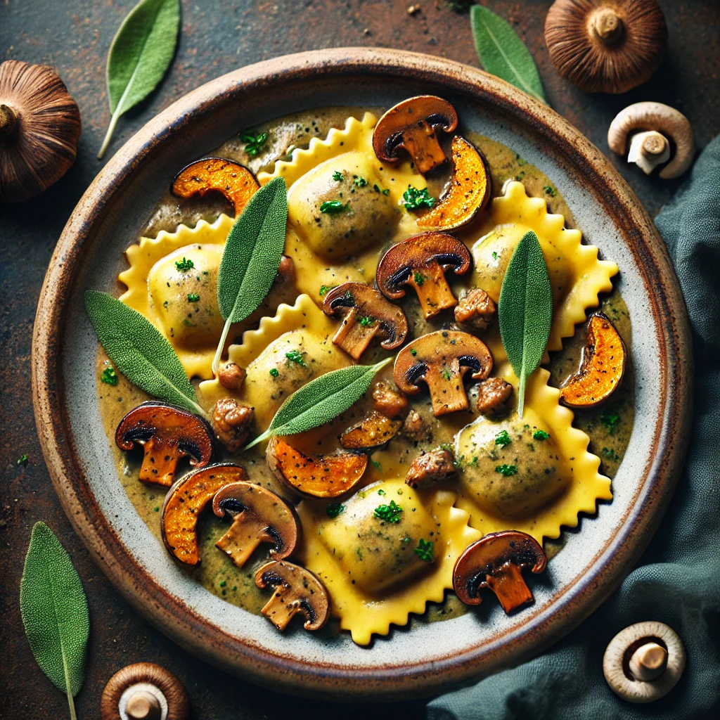 Ravioli Vegani Ripieni di Funghi e Castagne con Salsa alla Salvia e Nocciole (Italia)