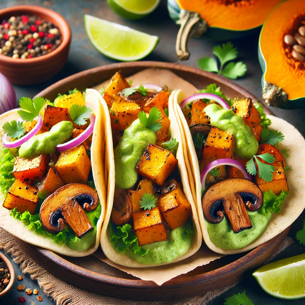 Tacos di Zucca Arrosto e Funghi con Salsa di Avocado e Lime (Messico)