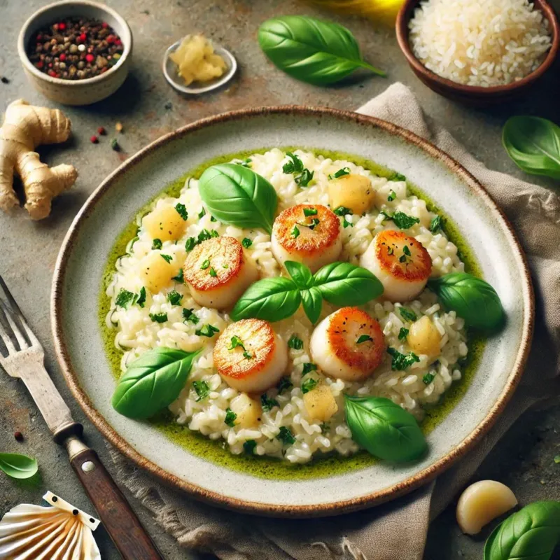 Risotto al basilico con zenzero e capesante