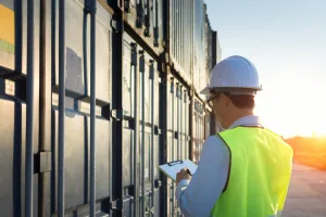 Foreman control loading Containers box from Cargo freight ship