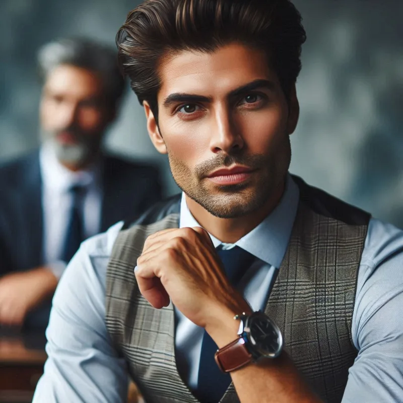 immagine foto realistica di un uomo professionista di 40 anni attraente grazie al suo fascino fatto di eleganza e carisma