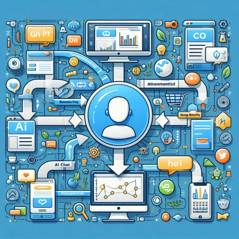 Schema illustrato con le principali fonti di traffico AI (ChatGPT, Bing Chat, Google Gemini) collegate a un sito web tramite frecce e icone, in stile infografica