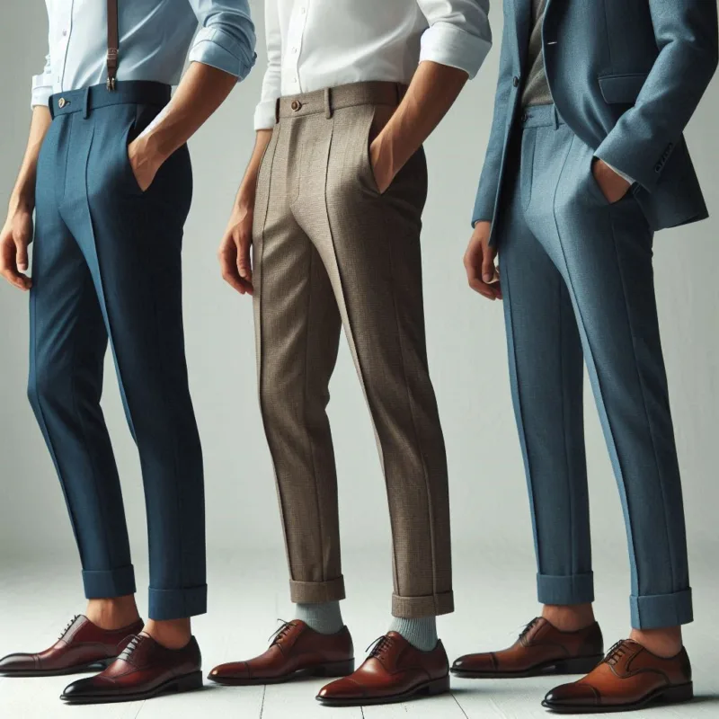 Vista laterale di tre uomini in fila, indossano pantaloni con risvolti di diverse altezze: 3 cm, 4 cm e 5 cm, scarpe eleganti, sfondo neutro