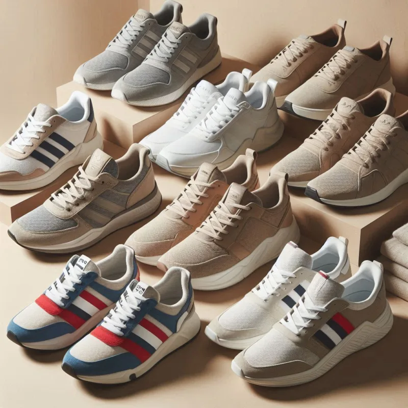 Collezione di sneakers estive da uomo su sfondo neutro, modelli Adidas, Nike, Geox, Tommy Hilfiger, materiali traspiranti e colori chiari, luce naturale – e-commerce product display