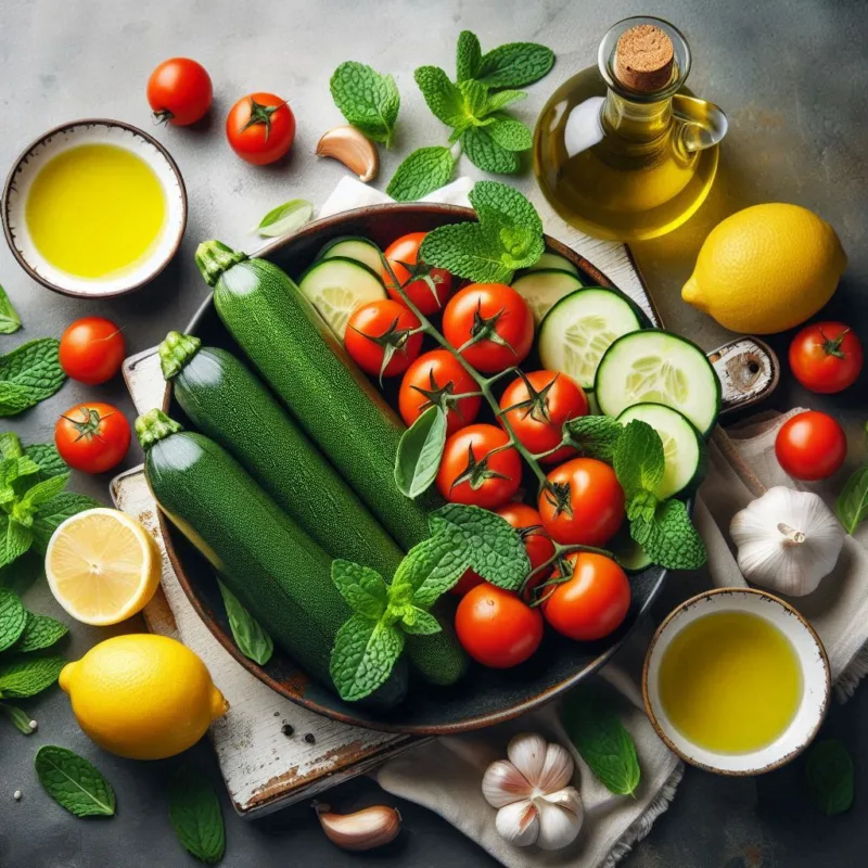 Flat lay of seasonal fresh ingredients for light cooking: zucchini, tomatoes, mint, lemons, olive oil, on a rustic table