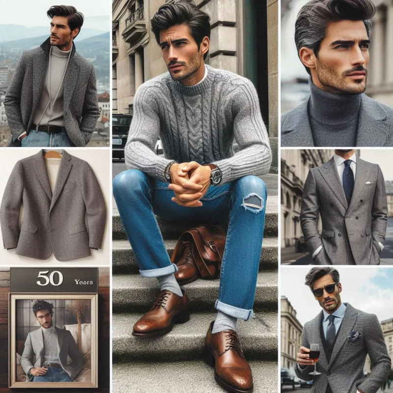 Collage outfit uomo 50 anni: look casual con jeans e maglione in cashmere, look formale con abito grigio