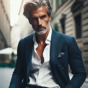 Uomo elegante di 50 anni, capelli brizzolati, indossa blazer blu scuro e camicia bianca, posa urbana, luce naturale, stile sartoriale italiano