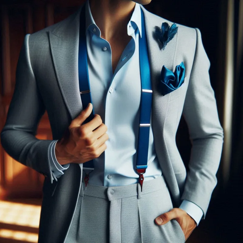 Completo grigio chiaro, camicia celeste e bretelle in seta blu cobalto. Aggiungi un fazzoletto da taschino in tinta