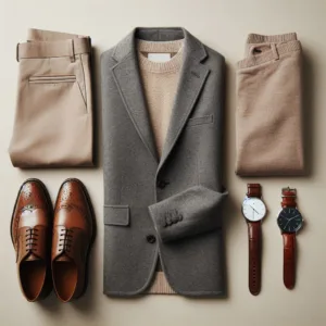 Set fotografico con blazer in lana, pantaloni chino beige, scarpe Oxford marroni e orologio da uomo, fondo neutro, composizione flat lay, estetica minimal e di lusso