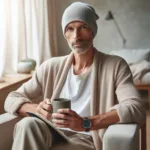 Portrait of a man in his 40s taking care of his skin and beard at home during cancer treatment. Bald or with very short hair, using face cream in front of a mirror. Minimalist bathroom background, clean and soft lighting, conveying strength, serenity, and self-respect. Fashionable yet natural style. Realistic photo style