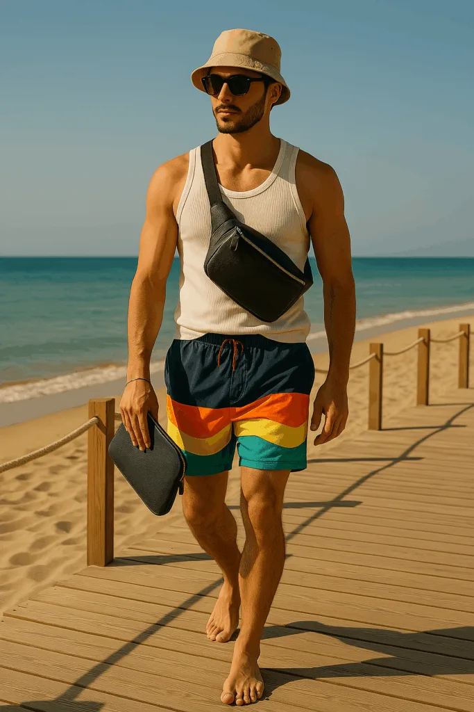 L'uomo di stile in spiaggia con il marsupio: praticità e carattere