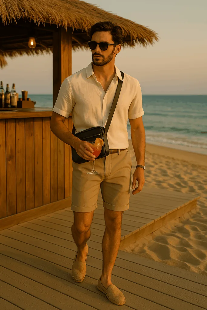 L'uomo di stile in spiaggia con il borsello a tracolla: versatilità senza compromessi