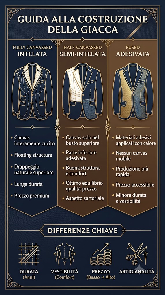 le tre costruzioni principali di una giacca, giacca intelata, semi intelata e termo-adesivata, influiscono su vestibilità, durata e percezione di pregio