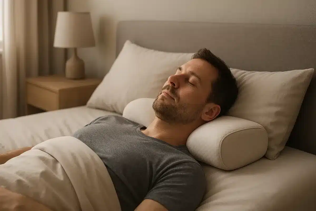 Adult man sleeping comfortably on an orthopedic pillow, relaxed neck and shoulders, peaceful bedroom setting, soft natural light, high-quality lifestyle photography, neutral colors, calm masculine atmosphere, focus on correct cervical support and restful sleep.
