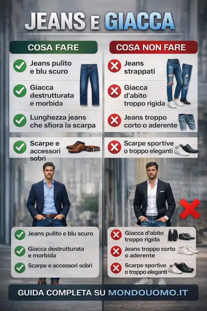 Capire l'abbinamento corretto e quando jeans e giacca funzionano davvero aiuta a evitare errori comuni e a ottenere un risultato credibile e curato.