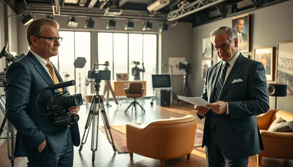 A captivating scene set in a luxurious film studio, showcasing two elegant and determined men in their 40s, dressed in tailored suits that reflect their success and confidence. In the foreground, one man stands with a professional camera, capturing the essence of creativity, while the other poses thoughtfully, resembling a director reviewing a script. In the middle ground, soft natural light filters through large studio windows, highlighting the intricate details of vintage film equipment and awards displayed on the walls. The background features a stylish seating area adorned with posters of iconic films. The atmosphere is inspiring and filled with a sense of achievement, embodying the spirit of reinvention and triumph after 40, shot with a warm editorial style. A captivating scene set in a luxurious film studio, showcasing two elegant and determined men in their 40s, dressed in tailored suits that reflect their success and confidence. In the foreground, one man stands with a professional camera, capturing the essence of creativity, while the other poses thoughtfully, resembling a director reviewing a script. In the middle ground, soft natural light filters through large studio windows, highlighting the intricate details of vintage film equipment and awards displayed on the walls. The background features a stylish seating area adorned with posters of iconic films. The atmosphere is inspiring and filled with a sense of achievement, embodying the spirit of reinvention and triumph after 40, shot with a warm editorial style.