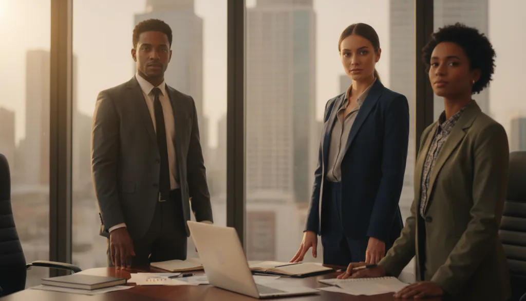 A close-up composition featuring a diverse group of three elegant and determined men, each representing different biological sexes, standing confidently in a softly lit office environment. The foreground captures their expressions of seriousness and determination, dressed in professional business attire, with subtle smiles that convey strength and authority. In the middle ground, a sleek conference table with documents and a laptop indicates an atmosphere of collaboration and focus. The background offers a softly blurred view of a city skyline through large windows, emphasizing a sense of ambition and direction. Natural light streams in, creating a warm, inviting ambience that enhances the professional setting. This image encapsulates the themes of biological sex and identity in a contemporary and sophisticated manner. A close-up composition featuring a diverse group of three elegant and determined men, each representing different biological sexes, standing confidently in a softly lit office environment. The foreground captures their expressions of seriousness and determination, dressed in professional business attire, with subtle smiles that convey strength and authority. In the middle ground, a sleek conference table with documents and a laptop indicates an atmosphere of collaboration and focus. The background offers a softly blurred view of a city skyline through large windows, emphasizing a sense of ambition and direction. Natural light streams in, creating a warm, inviting ambience that enhances the professional setting. This image encapsulates the themes of biological sex and identity in a contemporary and sophisticated manner.