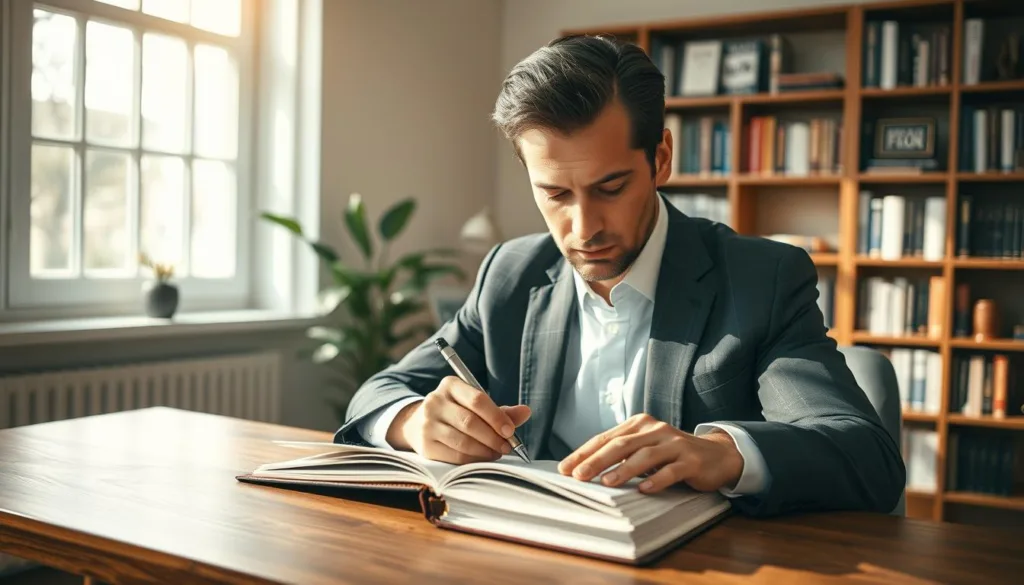 A close-up of an elegant and determined man sitting at a sleek wooden desk, engrossed in writing a plan in a leather notebook. His expression reflects focus and determination, dressed in a tailored business suit. The room is softly lit with natural light streaming through large windows, casting gentle shadows, creating a warm and inspiring atmosphere. In the background, a bookshelf filled with motivational books and a small potted plant adds a touch of life. The scene embodies discipline, focus, and success, showcasing a peaceful workspace conducive to personal growth. The camera angle is slightly above eye level to capture his intense concentration and the details of his surroundings in a premium editorial style. The overall mood is one of ambition and determination.