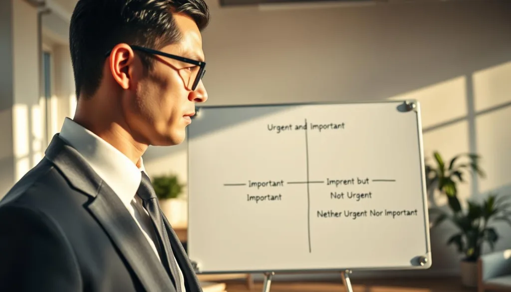 A close-up view of an elegant and determined professional man, dressed in smart business attire, engaging with a large and clear Eisenhower Matrix display on a sleek, modern whiteboard. The matrix is neatly divided into four quadrants labeled: 'Urgent and Important', 'Important but Not Urgent', 'Urgent but Not Important', and 'Neither Urgent Nor Important'. Soft natural light streams through a window, casting gentle shadows across the room, creating a warm and focused atmosphere. The background features a minimalist office setup with plant accents and modern furniture, conveying a sense of productivity and clarity. The overall mood is one of determination and efficiency, emphasizing the tools needed for prioritizing tasks effectively.