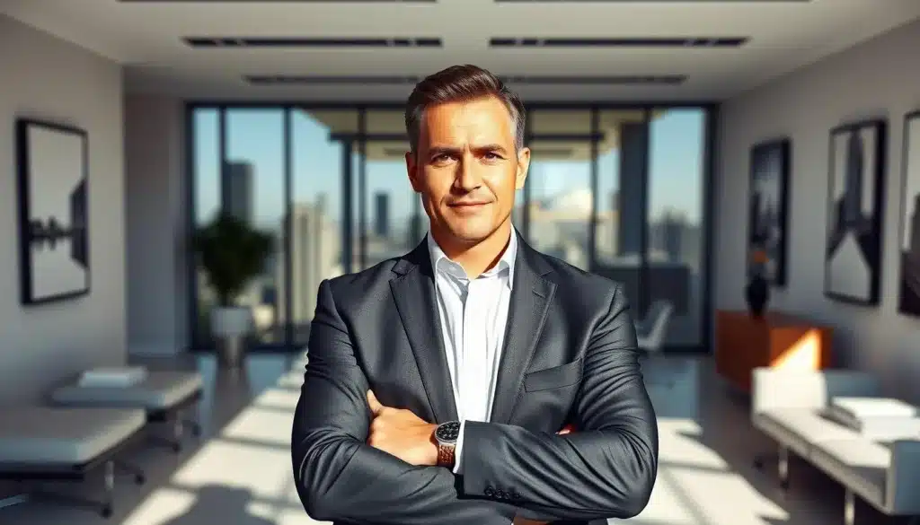 A confident and determined man in a tailored suit, standing with arms crossed in a modern office environment. His expression reflects authority and respect, embodying the essence of male leadership. In the foreground, he is positioned slightly off-center, displaying an assertive yet approachable demeanor. In the middle ground, sleek office furniture and a large window reveal a bustling cityscape beyond, indicating a professional atmosphere. Natural light filters through the window, casting soft shadows that enhance the image's depth. The background features minimalistic artwork on the walls, contributing to an elegant, sophisticated ambiance. The overall mood is one of strength and professionalism, capturing the essence of "agentic" leadership.