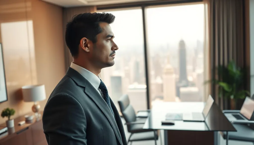 A confident, determined man in a tailored business suit stands in an elegantly appointed office space, exuding an aura of financial success and stability. In the foreground, he gazes thoughtfully out of a large window that frames a bustling city skyline, symbolizing opportunity. The middle layer features a well-organized desk with a laptop, financial reports, and a plant, enhancing the sense of professionalism. The background showcases soft natural light streaming in, creating a warm and inviting atmosphere, with subtle reflections on the glass. The mood is one of calm assurance, reflecting a balance of money, time, and serenity. The composition is shot from a slightly low angle, emphasizing the subject’s authority and poise, in a premium editorial style.