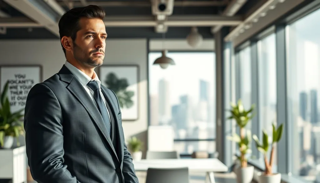 A determined and elegant man in a sharp business suit stands confidently in the foreground, embodying a winning mindset. He gazes forward with a focused expression, exuding ambition and professionalism. In the middle ground, an office environment with large windows showcases a bright, natural light flooding in, illuminating a sleek, modern workspace filled with plants and motivational artwork. The background features a city skyline, symbolizing opportunities and growth. Capture the mood of determination and success, as the light creates soft shadows that enhance the depth and richness of the scene. Use a shallow focus to emphasize the man while keeping the office ambiance clear and inviting, creating a premium editorial style image. A determined and elegant man in a sharp business suit stands confidently in the foreground, embodying a winning mindset. He gazes forward with a focused expression, exuding ambition and professionalism. In the middle ground, an office environment with large windows showcases a bright, natural light flooding in, illuminating a sleek, modern workspace filled with plants and motivational artwork. The background features a city skyline, symbolizing opportunities and growth. Capture the mood of determination and success, as the light creates soft shadows that enhance the depth and richness of the scene. Use a shallow focus to emphasize the man while keeping the office ambiance clear and inviting, creating a premium editorial style image.