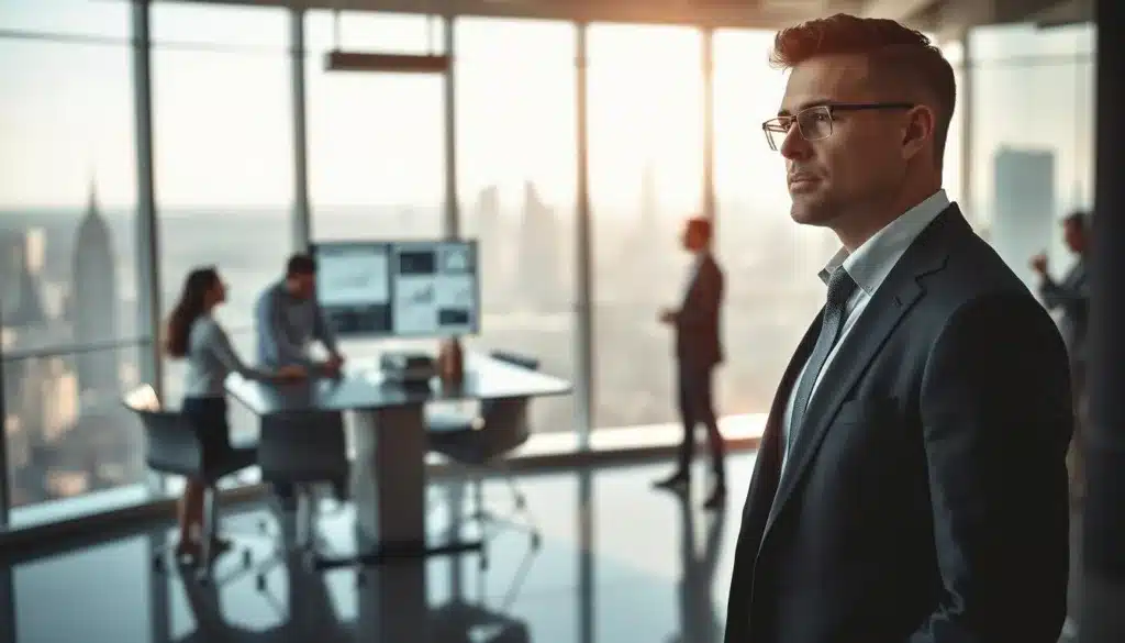 A determined, elegant business leader stands confidently in a modern office setting, embodying the essence of shared vision and objective alignment. In the foreground, he is dressed in a well-tailored suit, with a thoughtful expression as he gazes into the distance, symbolizing foresight. The middle ground features a collaborative team discussing ideas and strategies around a sleek conference table, with a digital screen displaying graphs and plans. The background showcases a panoramic view of a city skyline bathed in soft, natural light, enhancing the atmosphere of ambition and innovation. Capture this scene with a professional editorial style, emphasizing clarity and engagement, while maintaining a sense of warmth and motivation in the overall mood. A determined, elegant business leader stands confidently in a modern office setting, embodying the essence of shared vision and objective alignment. In the foreground, he is dressed in a well-tailored suit, with a thoughtful expression as he gazes into the distance, symbolizing foresight. The middle ground features a collaborative team discussing ideas and strategies around a sleek conference table, with a digital screen displaying graphs and plans. The background showcases a panoramic view of a city skyline bathed in soft, natural light, enhancing the atmosphere of ambition and innovation. Capture this scene with a professional editorial style, emphasizing clarity and engagement, while maintaining a sense of warmth and motivation in the overall mood.