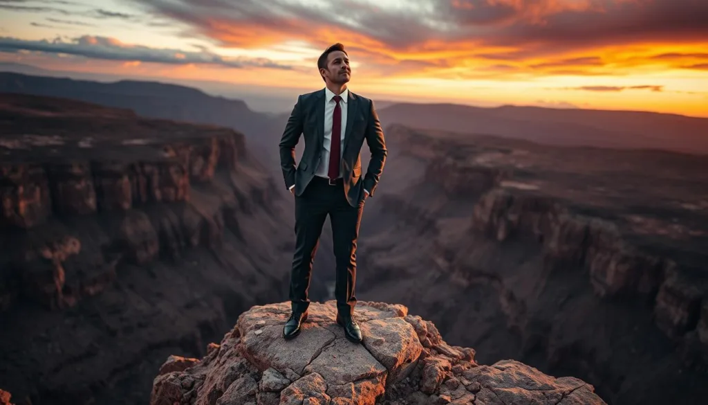 A determined man in a professional business suit, standing confidently at the edge of a rocky cliff overlooking a vast landscape, symbolizes motivation amidst adversity. In the foreground, his body language conveys strength and resilience, with his head slightly tilted upwards, as if facing an internal challenge. In the middle ground, the rocky terrain meets a deep valley bathed in soft, warm natural light, casting gentle shadows that highlight the man's features. The background features a dramatic sky painted with deep orange and purple hues, reflecting the tension of difficult moments. The overall atmosphere is one of perseverance and focus, capturing the essence of maintaining motivation in hard times. The image should be shot at a slightly low angle to emphasize the figure's stature and determination, giving a cinematic feel to the scene.