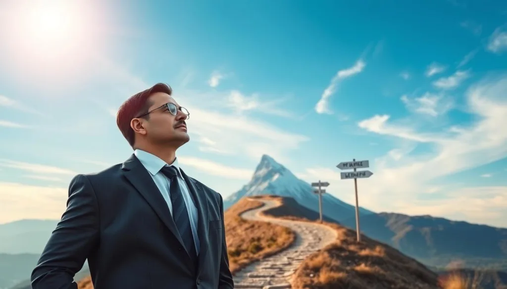 A determined man in a professional business suit stands at the forefront, gazing confidently towards a distant mountain peak, symbolizing goals to achieve. In the middle ground, a winding path leads towards the mountain, dotted with milestones like signposts marked with inspiring phrases. The background features a bright blue sky with soft, wispy clouds and the sun casting warm, natural light over the scene, creating an uplifting atmosphere. The image captures the essence of continuity and determination in pursuing life goals, inviting viewers to feel motivated and empowered. The composition should be shot from a slightly low angle to emphasize the man's upward gaze and convey a sense of aspiration and possibility. A determined man in a professional business suit stands at the forefront, gazing confidently towards a distant mountain peak, symbolizing goals to achieve. In the middle ground, a winding path leads towards the mountain, dotted with milestones like signposts marked with inspiring phrases. The background features a bright blue sky with soft, wispy clouds and the sun casting warm, natural light over the scene, creating an uplifting atmosphere. The image captures the essence of continuity and determination in pursuing life goals, inviting viewers to feel motivated and empowered. The composition should be shot from a slightly low angle to emphasize the man's upward gaze and convey a sense of aspiration and possibility.
