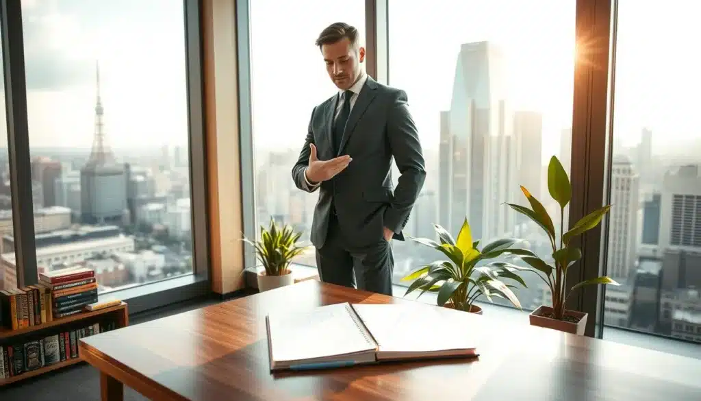 A determined man in a sleek, modern office setting, dressed in a tailored suit, stands confidently by a large window overlooking a bustling cityscape. He is contemplating a strategy, with a notepad filled with notes and sketches on a polished wooden desk in front of him. The warm, natural light streams through the window, casting soft shadows that emphasize his focused expression. In the middle ground, shelves lined with books on entrepreneurship and personal development add depth, while a vibrant green plant brings a touch of nature to the scene. The overall mood is one of inspiration and professionalism, capturing the essence of developing an entrepreneurial mindset through daily habits and routines. Use a wide-angle lens to enhance the spacious feel and create an inviting atmosphere. A determined man in a sleek, modern office setting, dressed in a tailored suit, stands confidently by a large window overlooking a bustling cityscape. He is contemplating a strategy, with a notepad filled with notes and sketches on a polished wooden desk in front of him. The warm, natural light streams through the window, casting soft shadows that emphasize his focused expression. In the middle ground, shelves lined with books on entrepreneurship and personal development add depth, while a vibrant green plant brings a touch of nature to the scene. The overall mood is one of inspiration and professionalism, capturing the essence of developing an entrepreneurial mindset through daily habits and routines. Use a wide-angle lens to enhance the spacious feel and create an inviting atmosphere.
