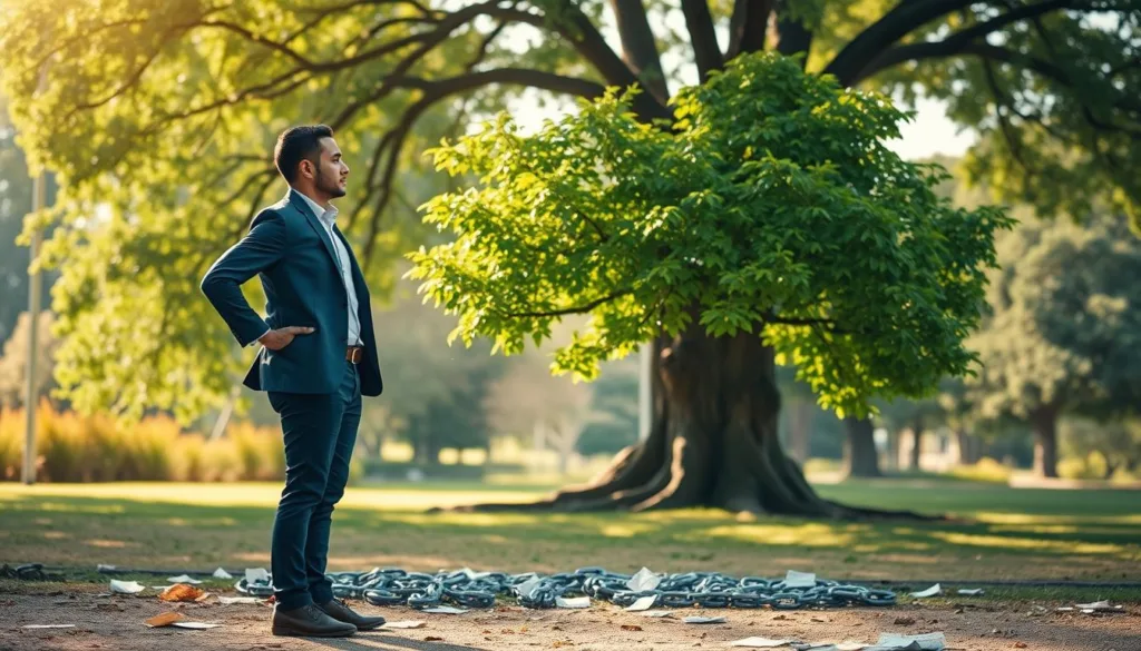 A determined man in smart casual attire stands confidently in the foreground, looking at a large, flourishing tree symbolizing growth. In the middle ground, scattered papers and broken chains represent past failures, with a sunbeam illuminating the tree, highlighting its vibrant green leaves. The background features a serene park environment with soft-focus greenery and gentle sunlight filtering through the branches, creating a warm, hopeful atmosphere. The image conveys a sense of transformation and resilience, with natural light enhancing the scene’s uplifting mood. The composition is shot with a slightly angled perspective, capturing both the man and the tree in harmony, symbolizing the methodical approach to turning failures into advantages.