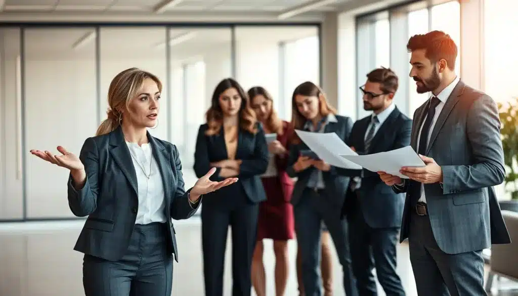 A diverse group of managers representing various managerial levels stands confidently in a modern office setting. In the foreground, a determined woman in a sharp business suit gestures as she leads a discussion, embodying leadership. To her right, an elegant man reviews documents, showcasing attention to detail; he wears stylish business attire. In the middle ground, collaborative peers engage in conversation, reflecting teamwork. The background features a sleek office with floor-to-ceiling windows that allow soft, natural light to illuminate the space, creating a warm atmosphere. The image is shot from a slightly elevated angle, emphasizing the hierarchy and diversity within the team. The overall mood conveys professionalism, ambition, and the dynamic nature of a corporate environment, suitable for illustrating different types of managers and their roles. A diverse group of managers representing various managerial levels stands confidently in a modern office setting. In the foreground, a determined woman in a sharp business suit gestures as she leads a discussion, embodying leadership. To her right, an elegant man reviews documents, showcasing attention to detail; he wears stylish business attire. In the middle ground, collaborative peers engage in conversation, reflecting teamwork. The background features a sleek office with floor-to-ceiling windows that allow soft, natural light to illuminate the space, creating a warm atmosphere. The image is shot from a slightly elevated angle, emphasizing the hierarchy and diversity within the team. The overall mood conveys professionalism, ambition, and the dynamic nature of a corporate environment, suitable for illustrating different types of managers and their roles.