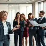 A diverse group of managers representing various managerial levels stands confidently in a modern office setting. In the foreground, a determined woman in a sharp business suit gestures as she leads a discussion, embodying leadership. To her right, an elegant man reviews documents, showcasing attention to detail; he wears stylish business attire. In the middle ground, collaborative peers engage in conversation, reflecting teamwork. The background features a sleek office with floor-to-ceiling windows that allow soft, natural light to illuminate the space, creating a warm atmosphere. The image is shot from a slightly elevated angle, emphasizing the hierarchy and diversity within the team. The overall mood conveys professionalism, ambition, and the dynamic nature of a corporate environment, suitable for illustrating different types of managers and their roles.