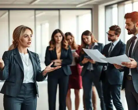 A diverse group of managers representing various managerial levels stands confidently in a modern office setting. In the foreground, a determined woman in a sharp business suit gestures as she leads a discussion, embodying leadership. To her right, an elegant man reviews documents, showcasing attention to detail; he wears stylish business attire. In the middle ground, collaborative peers engage in conversation, reflecting teamwork. The background features a sleek office with floor-to-ceiling windows that allow soft, natural light to illuminate the space, creating a warm atmosphere. The image is shot from a slightly elevated angle, emphasizing the hierarchy and diversity within the team. The overall mood conveys professionalism, ambition, and the dynamic nature of a corporate environment, suitable for illustrating different types of managers and their roles.