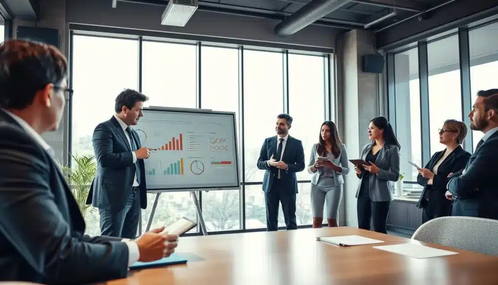 A dynamic scene depicting a diverse group of elegant and determined men and women engaged in a collaborative training session in a modern office environment. In the foreground, a mentor figures passionately presenting concepts on a digital whiteboard, showcasing charts and diagrams that symbolize growth and continuous learning. The middle ground features attentive participants, dressed in professional business attire, actively taking notes and discussing ideas with one another, exuding focus and ambition. The background reveals large windows allowing natural light to flood the room, enhancing the atmosphere of positivity and innovation. The lighting is soft yet bright, creating a welcoming and motivating mood. The overall composition conveys a sense of teamwork and personal development, essential for entrepreneurial success.