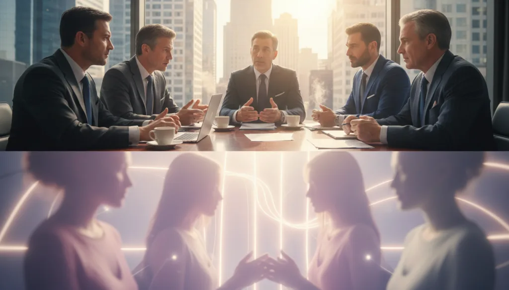 A dynamic split-scene image portraying the interplay of masculinity and femininity in culture. In the foreground, a diverse group of elegantly dressed men in professional suits, exuding confidence and authority, engaging in a thoughtful discussion. Their expressions reflect determination and intellect. The middle ground features subtle representations of femininity, such as soft silhouettes or shadowed figures, emphasizing collaboration and mutual respect between genders. The background showcases a stylish urban environment, with natural light filtering through tall buildings, creating an atmosphere of a thriving cultural dialogue. The overall mood is one of professionalism and empowerment, captured with a soft focus and high-resolution clarity, resembling a premium editorial style photograph. A dynamic split-scene image portraying the interplay of masculinity and femininity in culture. In the foreground, a diverse group of elegantly dressed men in professional suits, exuding confidence and authority, engaging in a thoughtful discussion. Their expressions reflect determination and intellect. The middle ground features subtle representations of femininity, such as soft silhouettes or shadowed figures, emphasizing collaboration and mutual respect between genders. The background showcases a stylish urban environment, with natural light filtering through tall buildings, creating an atmosphere of a thriving cultural dialogue. The overall mood is one of professionalism and empowerment, captured with a soft focus and high-resolution clarity, resembling a premium editorial style photograph.