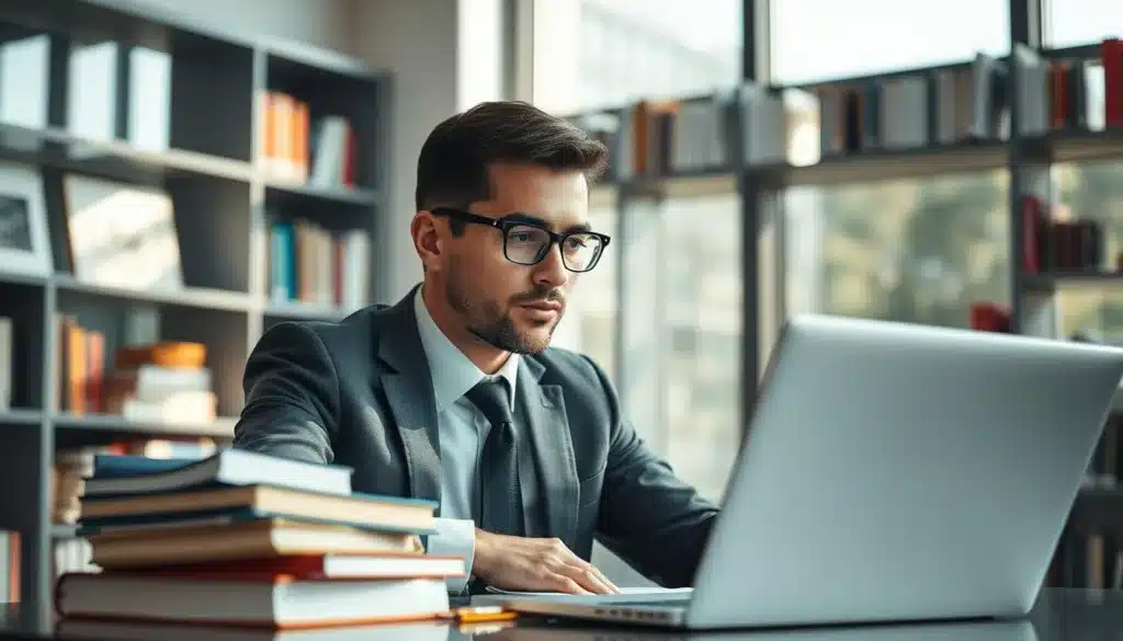 A focused and ambitious man in formal business attire is sitting at a sleek, modern desk surrounded by educational materials like books and a laptop. He appears engaged in online learning, his expression determined and thoughtful. In the background, shelves filled with books and a large window allowing natural light to flood the room creates an inspiring atmosphere. Soft lighting highlights the contours of his face, adding warmth. The composition emphasizes a sense of professionalism and growth, reflecting the importance of continuous education and skill development. The lens captures a shallow depth of field, bringing attention to the subject while softly blurring the background. The overall mood evokes aspiration and clarity, suitable for a professional setting focused on career advancement and lifelong learning. A focused and ambitious man in formal business attire is sitting at a sleek, modern desk surrounded by educational materials like books and a laptop. He appears engaged in online learning, his expression determined and thoughtful. In the background, shelves filled with books and a large window allowing natural light to flood the room creates an inspiring atmosphere. Soft lighting highlights the contours of his face, adding warmth. The composition emphasizes a sense of professionalism and growth, reflecting the importance of continuous education and skill development. The lens captures a shallow depth of field, bringing attention to the subject while softly blurring the background. The overall mood evokes aspiration and clarity, suitable for a professional setting focused on career advancement and lifelong learning.