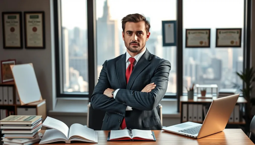 A focused, elegant man in a modern office setting, dressed in a tailored suit, stands confidently with arms crossed, embodying determination and professionalism. In the foreground, a well-organized desk filled with educational books, a laptop, and a notepad symbolizes knowledge and learning. In the middle ground, a large window reveals a bustling city skyline, bathed in warm, natural light that enhances the atmosphere of ambition and success. The background features framed certificates and accolades on the wall, representing skill mastery and personal branding. The overall mood of the image is inspiring and forward-looking, encouraging viewers to reflect on the importance of competencies and continuous learning for career advancement after 30. A focused, elegant man in a modern office setting, dressed in a tailored suit, stands confidently with arms crossed, embodying determination and professionalism. In the foreground, a well-organized desk filled with educational books, a laptop, and a notepad symbolizes knowledge and learning. In the middle ground, a large window reveals a bustling city skyline, bathed in warm, natural light that enhances the atmosphere of ambition and success. The background features framed certificates and accolades on the wall, representing skill mastery and personal branding. The overall mood of the image is inspiring and forward-looking, encouraging viewers to reflect on the importance of competencies and continuous learning for career advancement after 30.