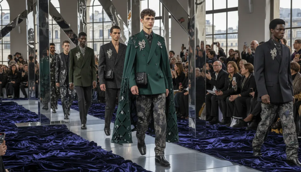 A high-fashion runway show featuring elegant and determined male models showcasing Gucci's 2026 collection. The foreground displays a diverse lineup of models in professional, tailored outfits, exuding confidence. Each model walks with poise, reflecting new codes of masculinity. The middle ground features an innovative runway adorned with luxurious fabrics and avant-garde designs, framed by stylish yet minimalist set pieces. In the background, an audience of fashion elites captures the moment with their cameras, illuminated by natural light streaming through large windows. The atmosphere is electric, with an editorial vibe that emphasizes sophistication and modern elegance, shot at a slight low angle to enhance the grandeur of the show.