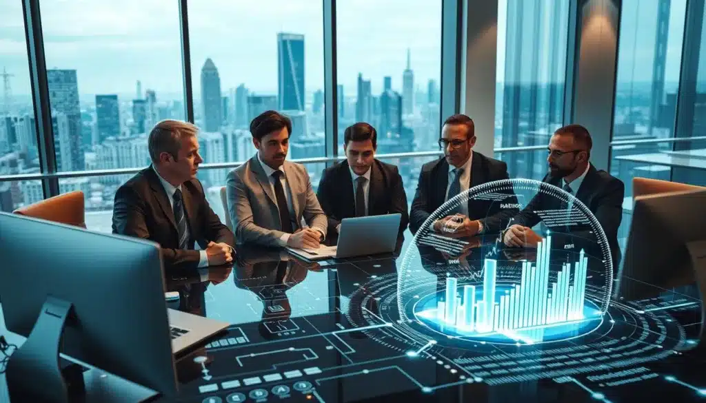 A modern office space filled with cutting-edge technology, featuring a stylish conference table surrounded by elegant and determined men in professional business attire, deeply engaged in discussion about artificial intelligence and innovation. In the foreground, a holographic interface displays data analytics and AI algorithms, glimmering under soft natural light that filters through large windows. The middle ground showcases sleek computers and digital devices, symbolizing the integration of technology in leadership. In the background, a city skyline illustrates progress and innovation. The atmosphere is one of focus and collaboration, conveying the essence of modern leadership in an AI-driven world. A modern office space filled with cutting-edge technology, featuring a stylish conference table surrounded by elegant and determined men in professional business attire, deeply engaged in discussion about artificial intelligence and innovation. In the foreground, a holographic interface displays data analytics and AI algorithms, glimmering under soft natural light that filters through large windows. The middle ground showcases sleek computers and digital devices, symbolizing the integration of technology in leadership. In the background, a city skyline illustrates progress and innovation. The atmosphere is one of focus and collaboration, conveying the essence of modern leadership in an AI-driven world.