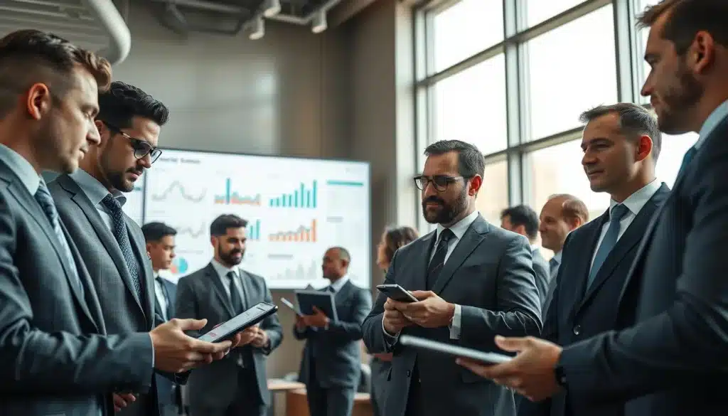 A professional business office environment filled with elegant and determined men engaged in discussions around numerical data and business processes. In the foreground, a diverse group of professionals in tailored suits analyzes charts and graphs on digital devices, exuding a sense of focus and collaboration. In the middle ground, a large screen displays complex analytics and process flow diagrams, contributing to a productive atmosphere. The background features large windows with natural light streaming in, illuminating the workspace and creating a warm, inviting ambiance. The composition is shot from a slightly elevated angle to capture the dynamic interaction and professionalism of the subjects, ensuring a realistic and premium editorial style. A professional business office environment filled with elegant and determined men engaged in discussions around numerical data and business processes. In the foreground, a diverse group of professionals in tailored suits analyzes charts and graphs on digital devices, exuding a sense of focus and collaboration. In the middle ground, a large screen displays complex analytics and process flow diagrams, contributing to a productive atmosphere. The background features large windows with natural light streaming in, illuminating the workspace and creating a warm, inviting ambiance. The composition is shot from a slightly elevated angle to capture the dynamic interaction and professionalism of the subjects, ensuring a realistic and premium editorial style.