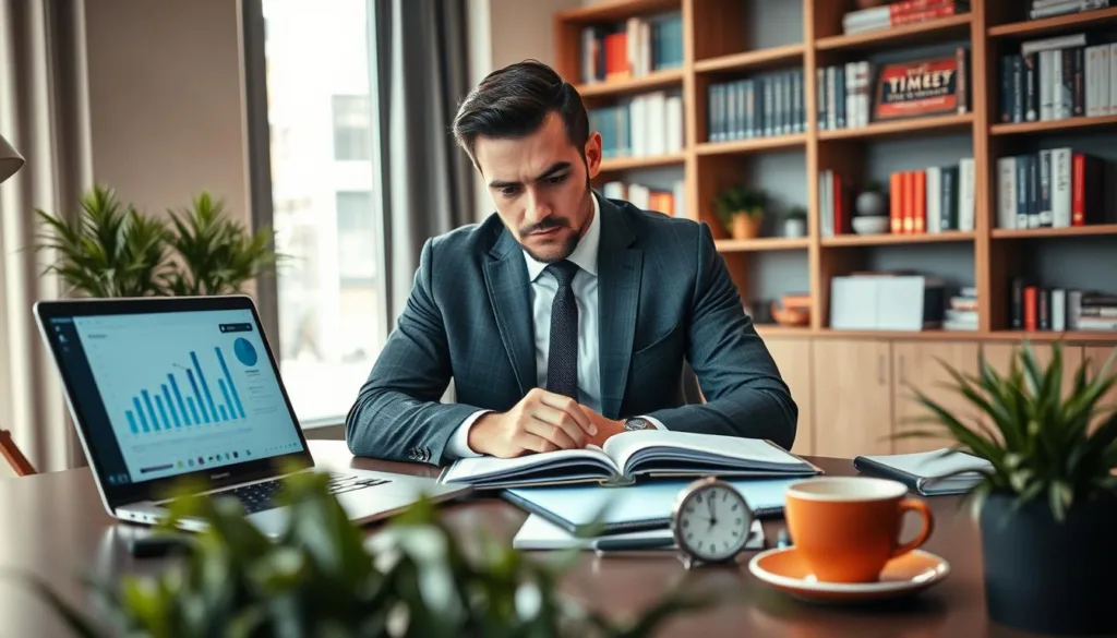 A professional, determined man in a well-fitted suit is seated at a sleek desk, intensely focused on a planner and digital clock that symbolize effective time management. The foreground features an organized workspace with a laptop displaying analytics and a cup of coffee, reflecting productivity. In the middle ground, hints of greenery from plants introduce a fresh atmosphere, while a large window allows natural light to flood the office, creating a warm, inviting glow. The background showcases shelves filled with books on time management and strategy, enhancing the theme. The mood is one of concentration and ambition, capturing the essence of modern time management in a stylish, editorial manner. A professional, determined man in a well-fitted suit is seated at a sleek desk, intensely focused on a planner and digital clock that symbolize effective time management. The foreground features an organized workspace with a laptop displaying analytics and a cup of coffee, reflecting productivity. In the middle ground, hints of greenery from plants introduce a fresh atmosphere, while a large window allows natural light to flood the office, creating a warm, inviting glow. The background showcases shelves filled with books on time management and strategy, enhancing the theme. The mood is one of concentration and ambition, capturing the essence of modern time management in a stylish, editorial manner.