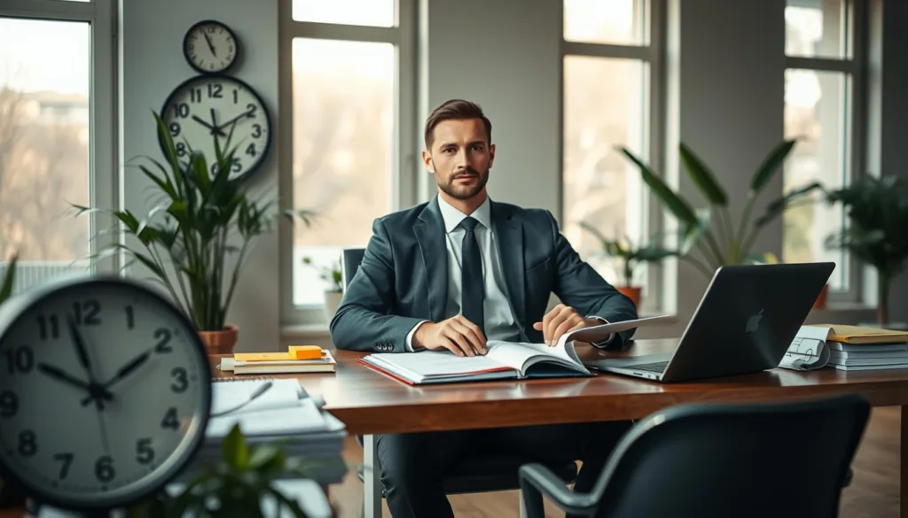 A serene and focused workspace featuring an elegant, determined man dressed in professional business attire. He is seated at a sleek wooden desk, surrounded by organized planners, a laptop, and colorful sticky notes. In the foreground, a wall clock symbolizes the concept of time management. In the middle ground, plants add a touch of life, softening the environment. The background features large windows allowing natural light to fill the room, casting gentle shadows. The atmosphere is calm and inspiring, emphasizing productivity and thoughtful planning. Capture the essence of goal-setting and resource management, highlighting a sense of balance and adaptability. Use premium editorial style with soft focus and warm lighting to enhance the mood. A serene and focused workspace featuring an elegant, determined man dressed in professional business attire. He is seated at a sleek wooden desk, surrounded by organized planners, a laptop, and colorful sticky notes. In the foreground, a wall clock symbolizes the concept of time management. In the middle ground, plants add a touch of life, softening the environment. The background features large windows allowing natural light to fill the room, casting gentle shadows. The atmosphere is calm and inspiring, emphasizing productivity and thoughtful planning. Capture the essence of goal-setting and resource management, highlighting a sense of balance and adaptability. Use premium editorial style with soft focus and warm lighting to enhance the mood.