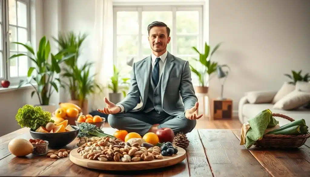 A serene and inspiring scene illustrating the relationship between body energy and brain function. In the foreground, a focused, elegantly dressed man meditating, symbolizing mental concentration and clarity. His posture reflects strength and poise, with a gentle smile. The middle ground features an array of healthy foods, such as fruits, nuts, and green vegetables, artfully arranged on a wooden table, representing nutrition that fuels the brain. The background showcases a bright, airy room bathed in natural light, with plants and soft textures, evoking a sense of tranquility and balance. The image captures a harmonious atmosphere, highlighting the essential connection between sleep, diet, and physical activity in enhancing focus and concentration. A serene and inspiring scene illustrating the relationship between body energy and brain function. In the foreground, a focused, elegantly dressed man meditating, symbolizing mental concentration and clarity. His posture reflects strength and poise, with a gentle smile. The middle ground features an array of healthy foods, such as fruits, nuts, and green vegetables, artfully arranged on a wooden table, representing nutrition that fuels the brain. The background showcases a bright, airy room bathed in natural light, with plants and soft textures, evoking a sense of tranquility and balance. The image captures a harmonious atmosphere, highlighting the essential connection between sleep, diet, and physical activity in enhancing focus and concentration.