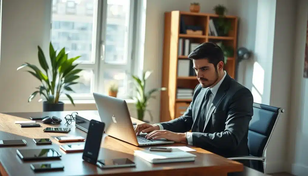 A serene office environment showcasing a professional man dressed in elegant business attire, sitting at a sleek wooden desk cluttered with digital distractions like smartphones and tablets. In the foreground, the man is focused on a laptop, with a look of determination and clarity on his face. In the middle ground, a window allows natural light to flood in, casting soft shadows and illuminating the workspace with a warm glow. The background features a bookshelf neatly organized with books and plants, creating a balanced atmosphere of productivity and tranquility. The overall mood is calm and concentrated, capturing the essence of managing distractions while remaining engaged with work. A serene office environment showcasing a professional man dressed in elegant business attire, sitting at a sleek wooden desk cluttered with digital distractions like smartphones and tablets. In the foreground, the man is focused on a laptop, with a look of determination and clarity on his face. In the middle ground, a window allows natural light to flood in, casting soft shadows and illuminating the workspace with a warm glow. The background features a bookshelf neatly organized with books and plants, creating a balanced atmosphere of productivity and tranquility. The overall mood is calm and concentrated, capturing the essence of managing distractions while remaining engaged with work.