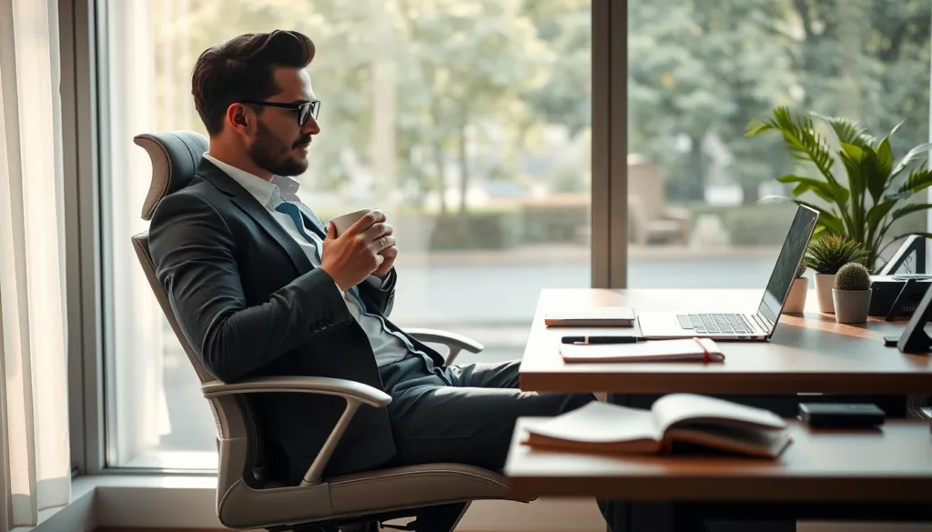 A serene workspace scene depicting a stylish, elegant man taking a well-deserved break, surrounded by soft natural light filtering through a large window. In the foreground, he sits in a refined ergonomic chair, dressed in professional attire, thoughtfully enjoying a warm cup of tea or coffee. The middle ground reveals an organized desk with a sleek laptop, a small potted plant, and an open planner, symbolizing productivity and time management. The background features a calming view of a tree-lined street, enhancing the atmosphere of tranquility and focus. The overall mood conveys relaxation and intentional pace, reflecting the balance between work and well-being, ideal for sustainable productivity and stress reduction. A serene workspace scene depicting a stylish, elegant man taking a well-deserved break, surrounded by soft natural light filtering through a large window. In the foreground, he sits in a refined ergonomic chair, dressed in professional attire, thoughtfully enjoying a warm cup of tea or coffee. The middle ground reveals an organized desk with a sleek laptop, a small potted plant, and an open planner, symbolizing productivity and time management. The background features a calming view of a tree-lined street, enhancing the atmosphere of tranquility and focus. The overall mood conveys relaxation and intentional pace, reflecting the balance between work and well-being, ideal for sustainable productivity and stress reduction.