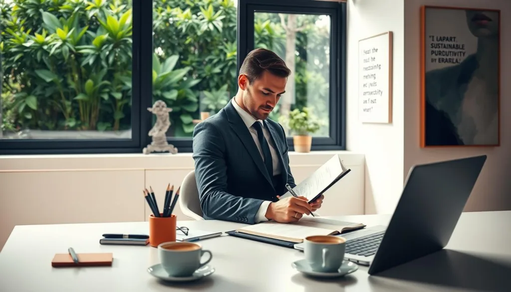A sleek, modern workspace designed for productivity, showcasing a minimalist desk with organized stationery, a laptop open to a productivity app, and a steaming cup of coffee. In the foreground, an elegant and determined man in a tailored suit, focused and writing in a planner, symbolizes commitment to personal productivity. The middle ground features lush greenery through a large window, allowing natural light to fill the room, creating an inviting atmosphere. In the background, abstract art and motivational quotes adorn the walls, emphasizing sustainable productivity principles. The scene is captured in a soft focus with a slight depth of field, enhancing the sense of seriousness and purpose while maintaining a warm, cohesive feel. Overall, the mood reflects professionalism, clarity, and inspiration.