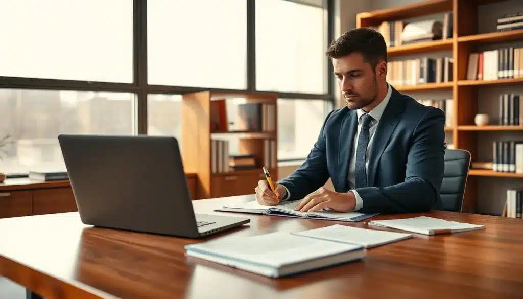 A sleek office space with a determined businessman at a polished wood desk, engaged in time management activities. He is dressed in a tailored navy suit, writing in a planner, surrounded by neatly organized documents and a laptop displaying a calendar. In the background, large windows let in soft, natural light, casting subtle shadows on the walls. Shelves filled with books on productivity and entrepreneurship are visible, enhancing the atmosphere of discipline and organization. The businessman, with a focused expression, embodies the essence of success and growth. The image has a warm, inviting tone, with an editorial style that emphasizes professionalism and motivation, captured from a slightly elevated angle to highlight the workspace's clarity and order.